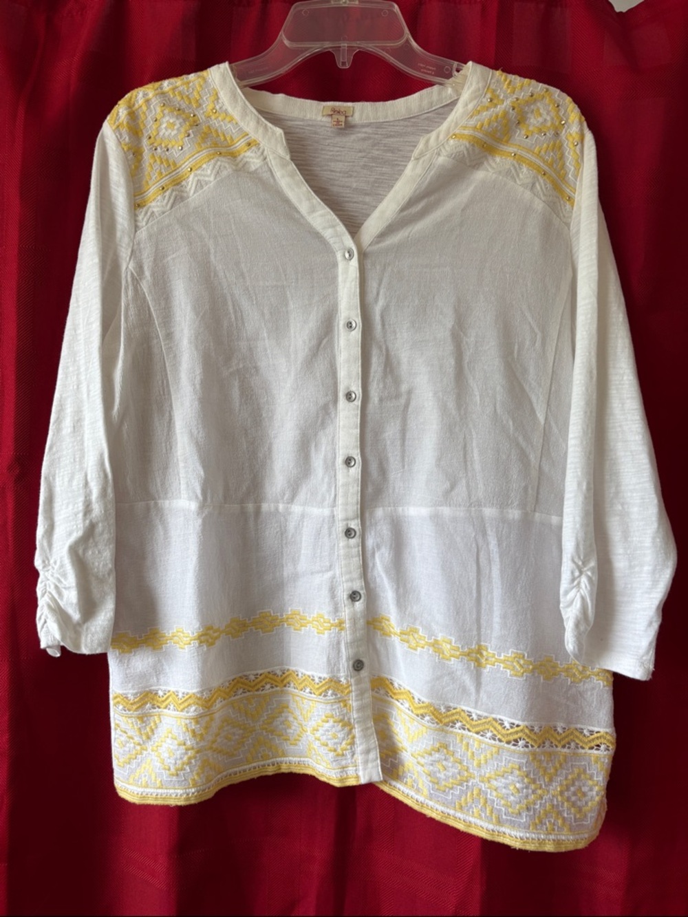 Reba White Button-Down Tunic with Yellow Embroidery